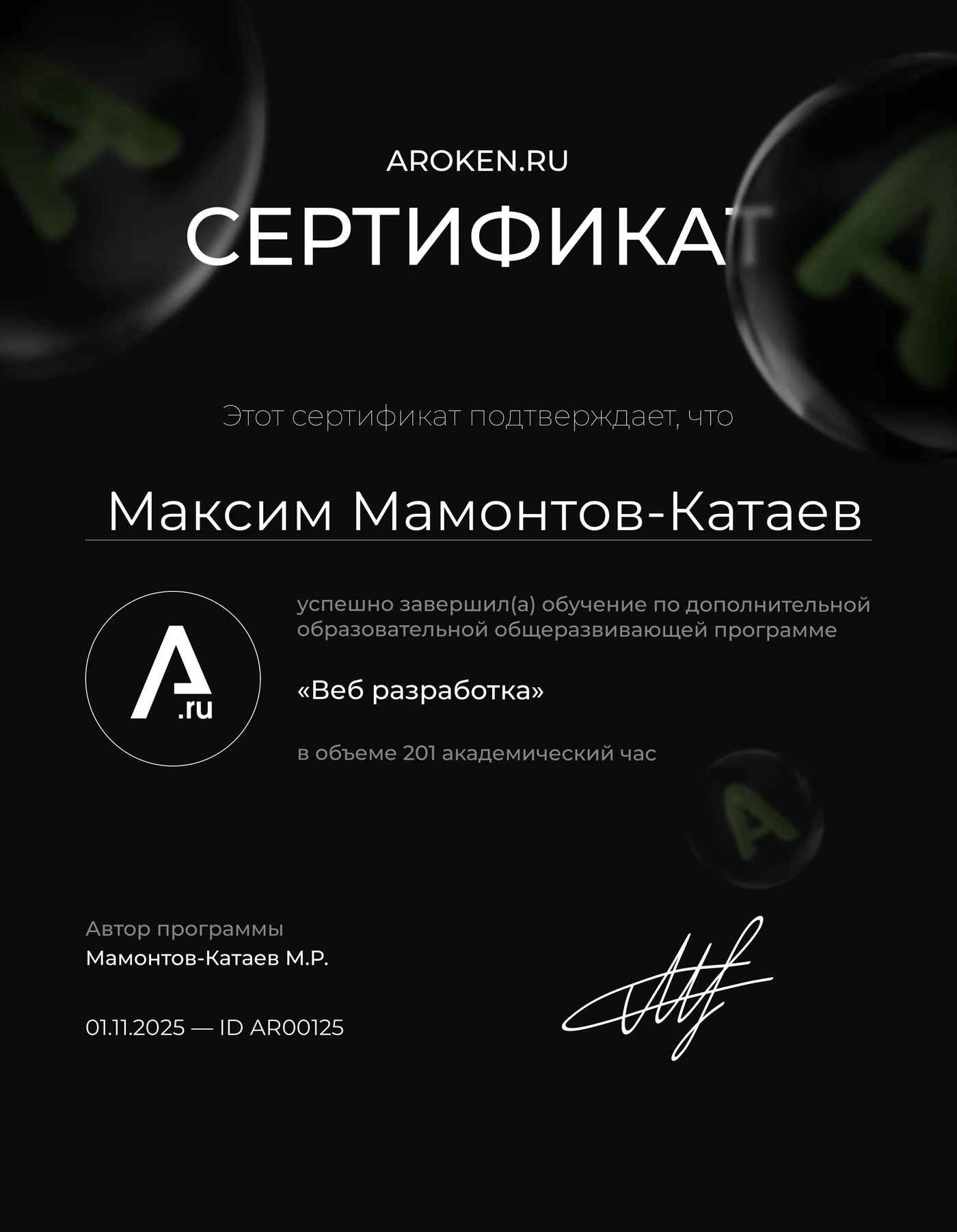 Сертификат Aroken об окончании программы «Веб разработка», 201 академический час