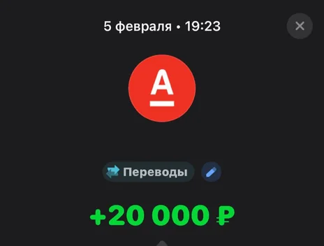 Скрин оплаты: +20 000 ₽, 5 февраля