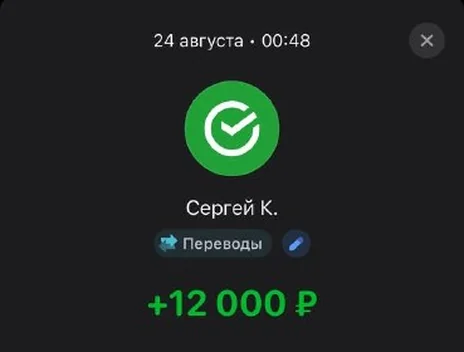Скрин оплаты: +12 000 ₽, 24 августа